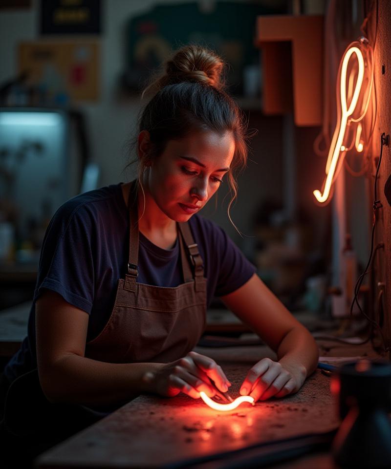 Authentic portrait of Gale D McNulty in a neon art workshop, with tools and glowing art in the background, exuding creativity and dedication.