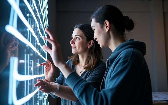Gale D McNulty collaborating with a team member, discussing a design in front of a half-finished light art piece, emphasizing teamwork and shared vision.