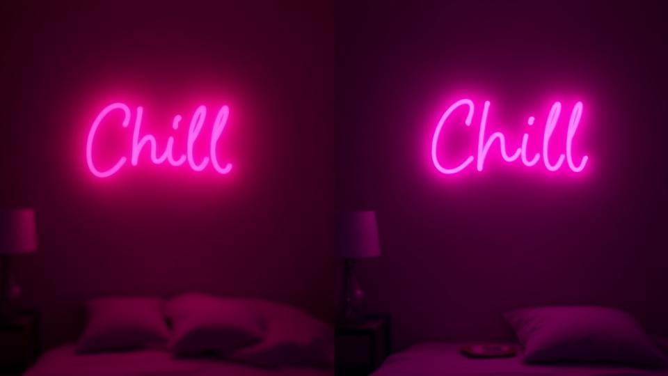 A neon sign displayed with two states: one fully bright and one softly dimmed, demonstrating the included dimmer functionality.