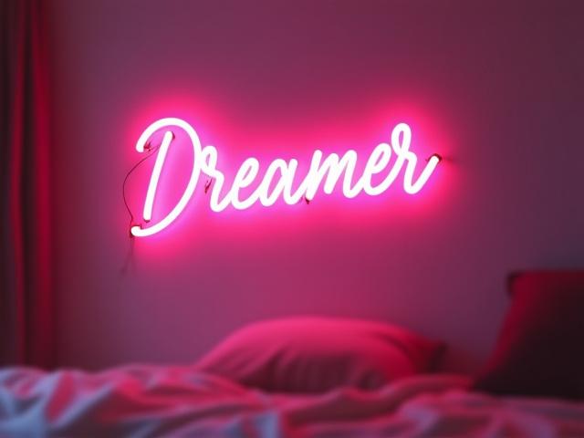 Pink script neon sign spelling 'Dreamer' in a soft, elegant font, mounted on a light wall.