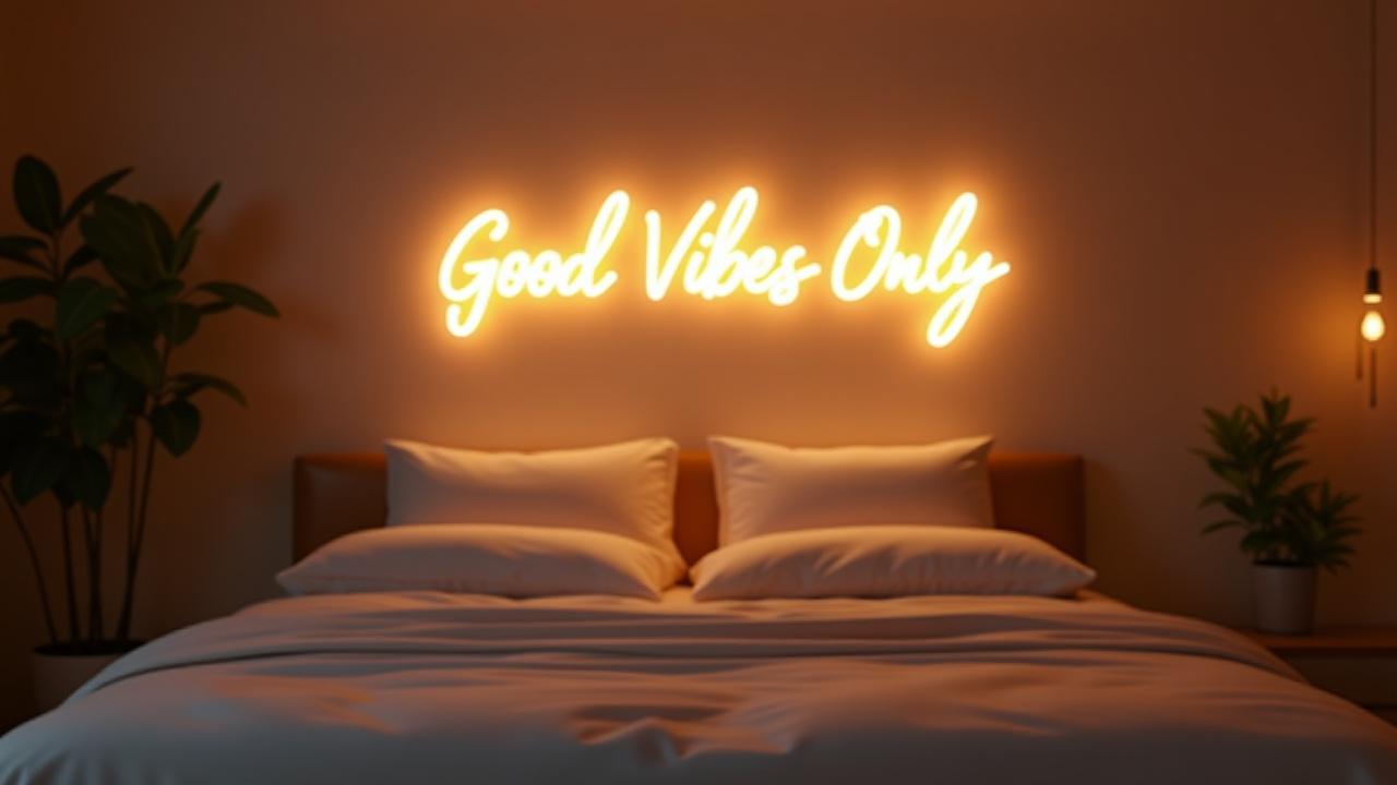 Stylish bedroom with a warm glowing 'Good Vibes Only' neon sign above the bed, creating a cozy and inviting atmosphere.