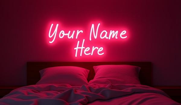 Live preview of a custom neon sign against a bedroom wall background.