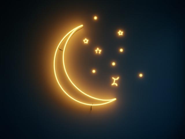 Minimalist neon sign featuring a crescent moon and scattered stars, glowing softly yellow.