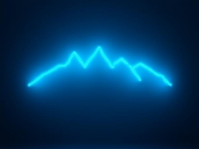 Minimalist blue neon sign depicting a subtle mountain range outline, ideal for calming spaces.