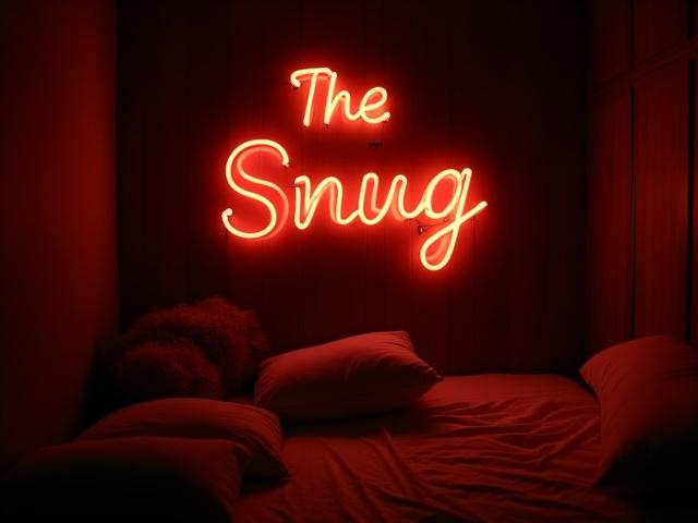 Warm white block font neon sign reading 'The Snug', casting a gentle, inviting glow.