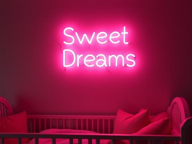 Customer photo: 'Sweet Dreams' neon sign in a child's bedroom with soft lighting.