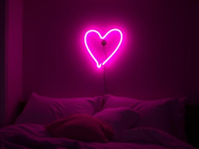 Customer photo: Simple pink neon heart sign glowing softly in a trendy teen's bedroom.