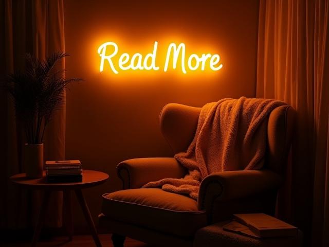 Customer photo: 'Read More' neon sign in warm white above a cozy armchair, creating an inviting reading nook.
