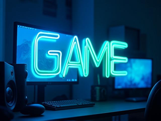 Customer photo: 'Game On' neon sign in vibrant blue and green in a dedicated gaming room setup.