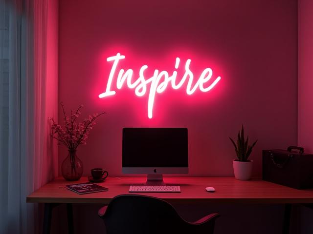 Customer photo: 'Inspire' neon sign in a bright, modern home office setting, encouraging creativity.