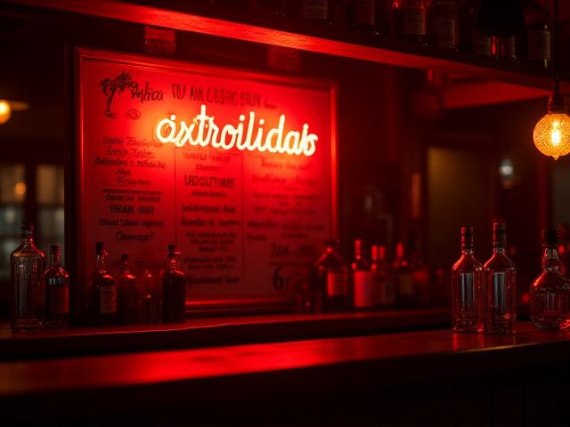 Red and yellow glass neon sign illuminating a cocktail menu in a dimly lit, authentic Key West bar setting.