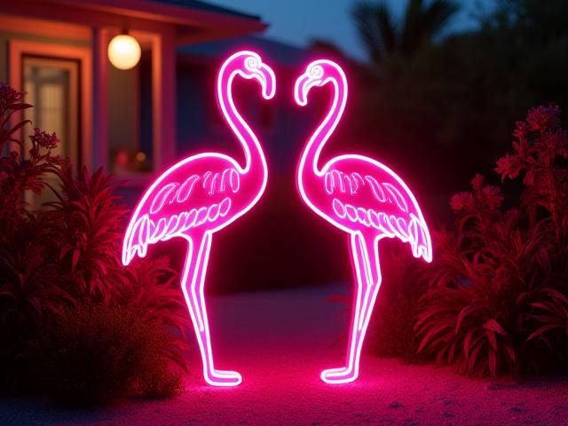 Two vibrant pink neon flamingos, a classic Key West motif, installed in an outdoor garden at dusk.