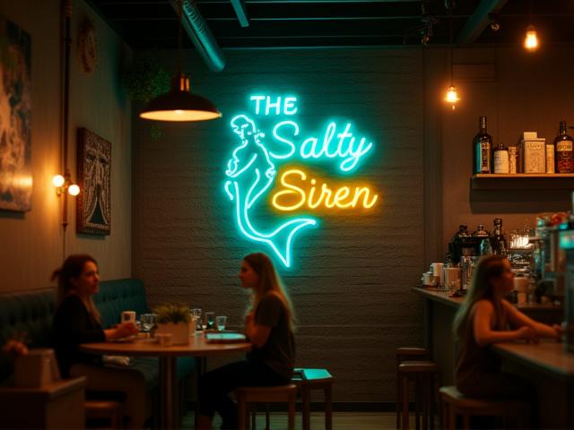 Custom LED neon logo for 'The Salty Siren Cafe' in Key West, featuring a turquoise mermaid silhouette.