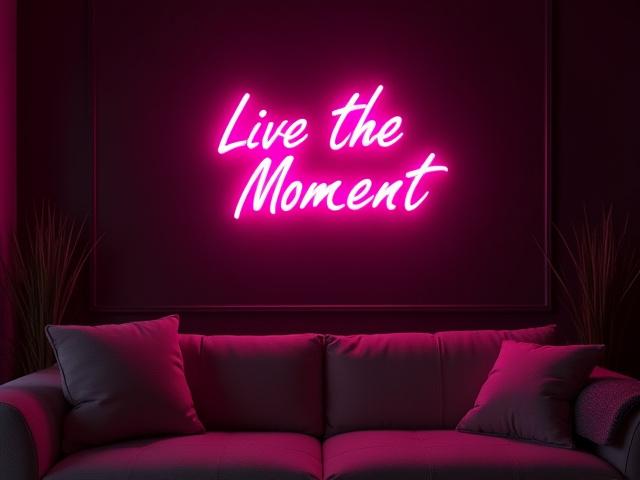 Pink glass neon sign with the phrase 'Live the Moment' mounted on a dark brick wall in a modern living room.