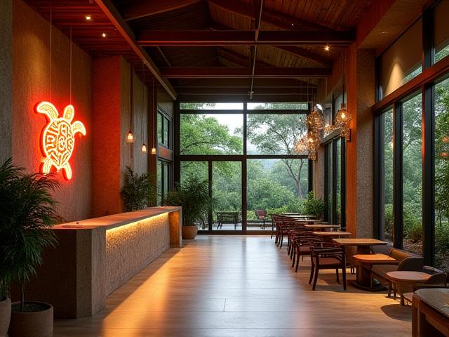 Whimsical LED neon art of a sea turtle swimming for an eco-friendly lodge reception