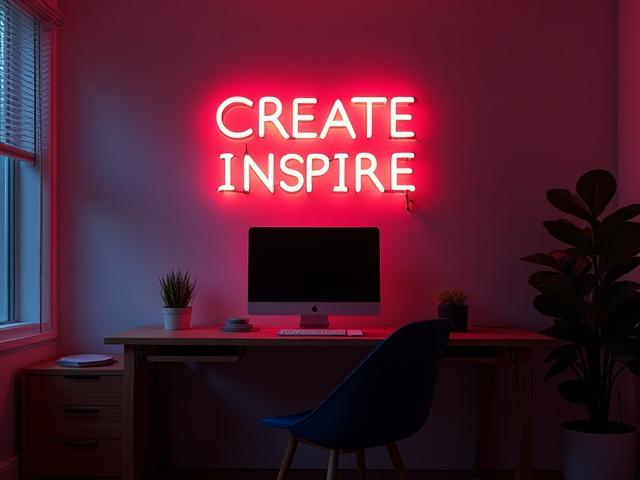 Personalized LED neon 'Create' sign above a modern, minimalist home office desk