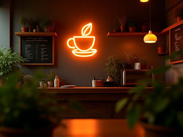 Warm glow LED neon sign for a local organic cafe in Key West depicting a stylized coffee cup with a leaf
