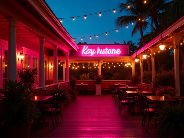 Custom phrase LED neon sign illuminating an outdoor dining patio at a Key West restaurant