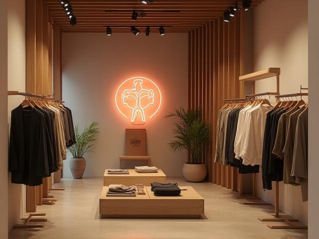 Stylish LED neon display showcasing a fashionable garment in a sustainable retail boutique