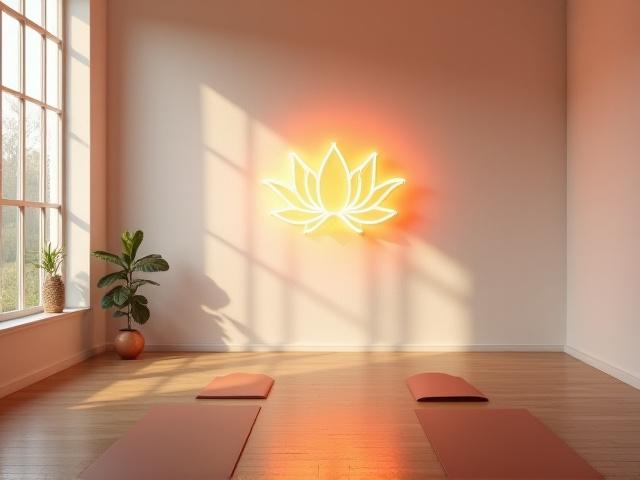 Serene LED neon sign of a lotus flower in a yoga studio, casting a gentle glow