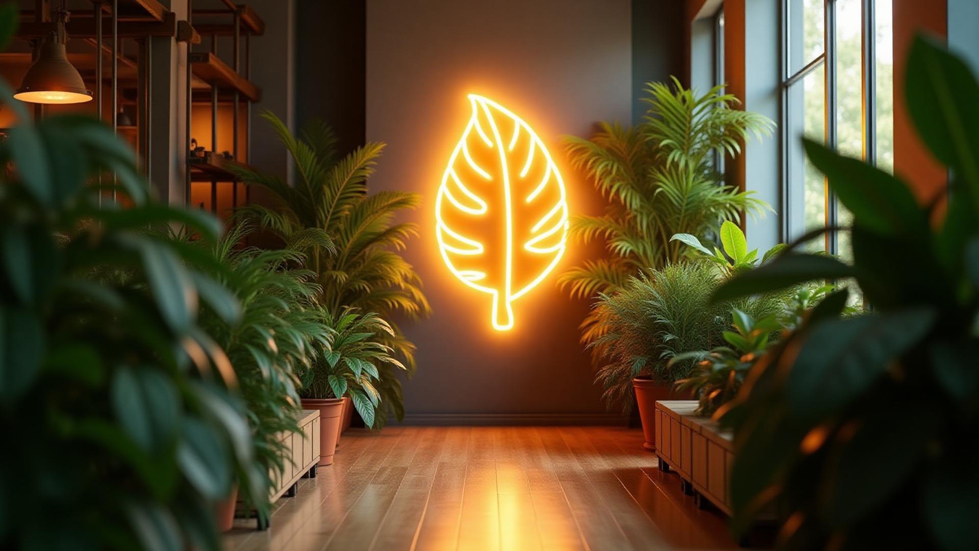 Stunning LED neon sign in a room filled with lush green plants and natural light