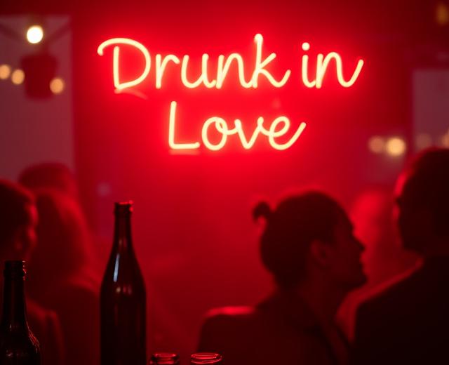 Playful 'Drunk in Love' neon sign in bright red, illuminating a wedding bar area.