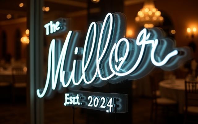 Custom neon sign displaying 'The [Last Name] Est. [Year]' in elegant white at a wedding reception.