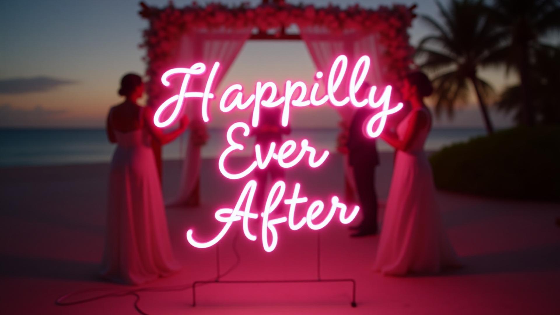 Custom 'Happily Ever After' neon sign at a Key West beach wedding, glowing softly at dusk.