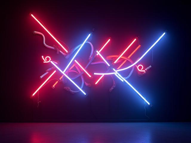 Complex abstract geometric neon art installation in bold colors, creating a sense of movement