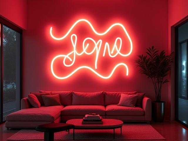 Large-scale residential hand bent neon art installation on a living room wall, abstract and warm
