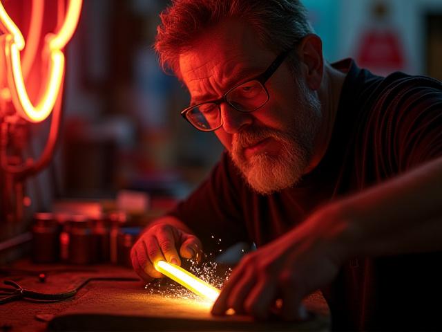 Gale D McNulty, neon artist, working intently in a dimly lit studio, shaping glass with a torch