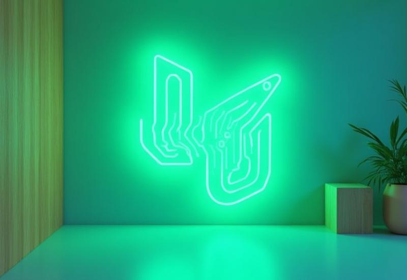 Beautiful, intricate LED neon art piece in a sustainable, modern setting, glowing green and blue