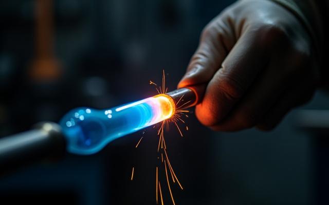 Close-up of a craftsman hand-bending glass tubes for a neon sign
