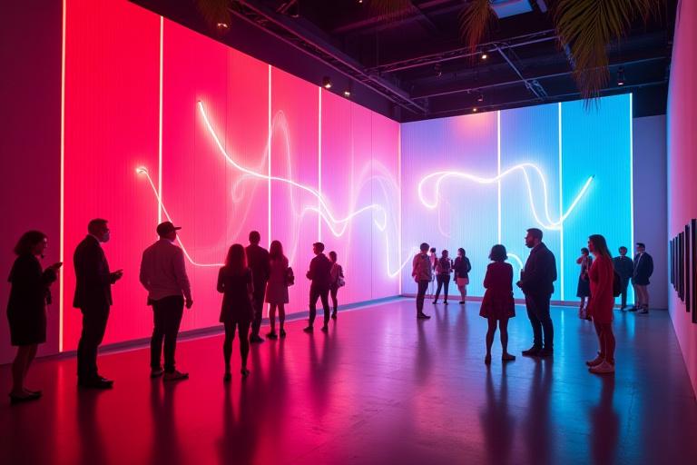 Large, multi-panel interactive neon art installation in a modern art gallery with visitors observing