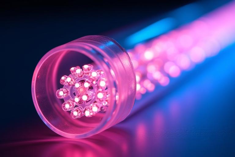 Close-up of smart LED strip inside a neon tube, showing intricate wiring and glowing addressable RGBW lights