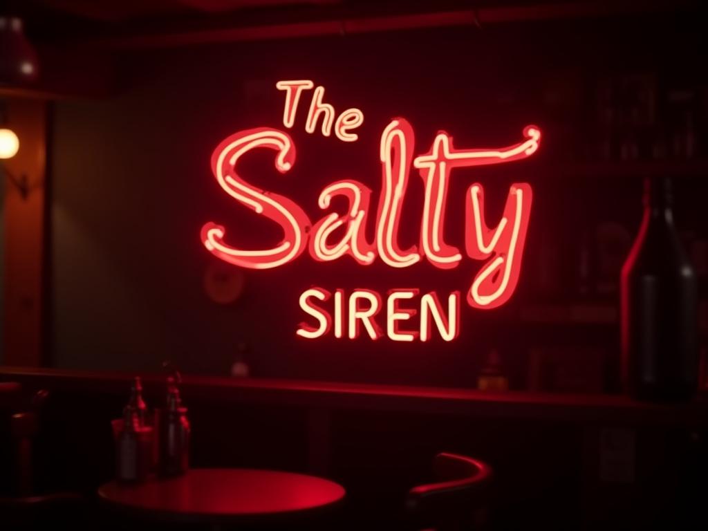 Retro neon bar sign 'The Salty Siren' in a dim lit bar