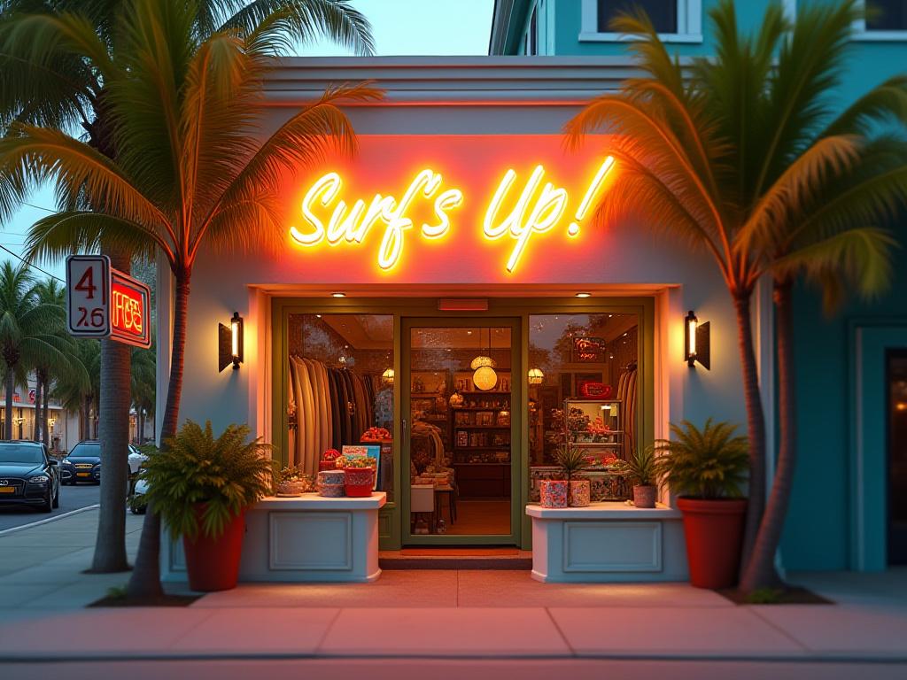 Exterior view of a surf shop entrance with a bright custom neon sign
