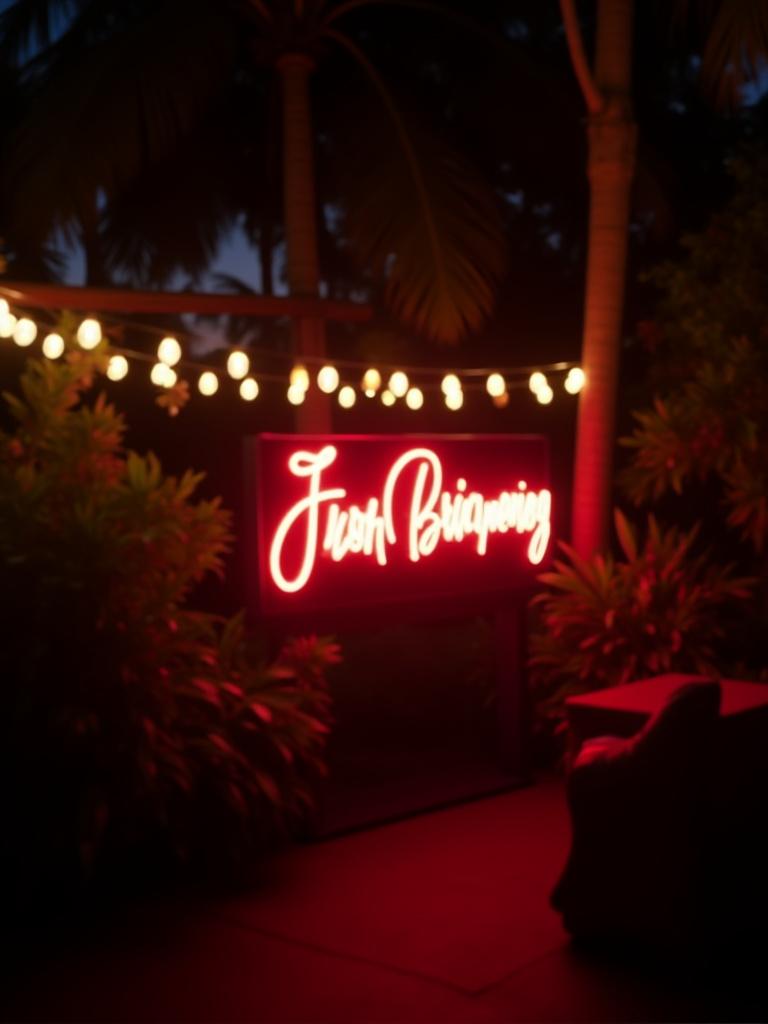 Event backdrop with a large, glowing custom neon sign for a wedding