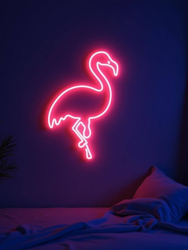 Warm glow neon art of a flamingo in a bedroom