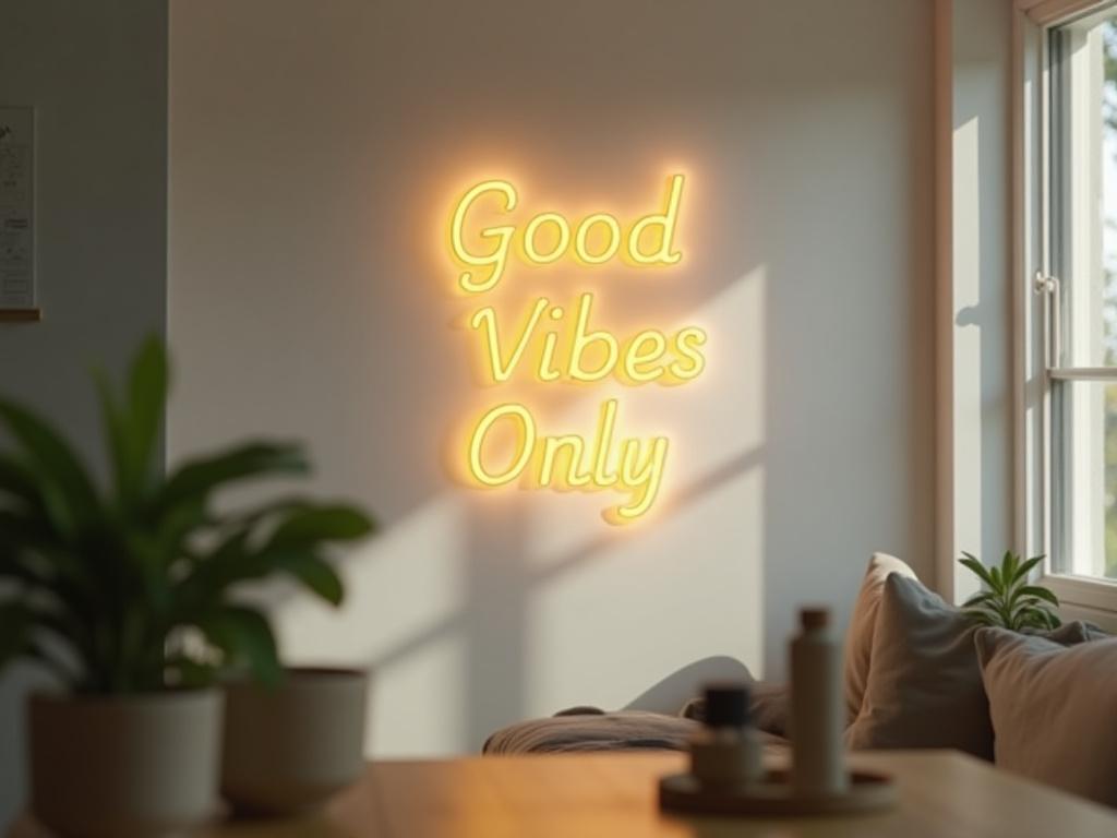 Personalized light sign 'Good Vibes Only' in a modern living room