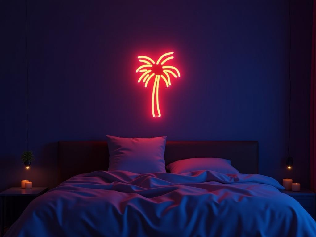 Bedroom neon of a palm tree silhouette against a sunset-inspired glow