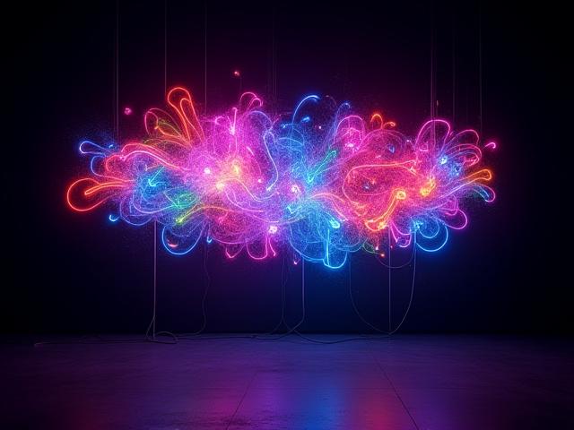 Abstract LED neon light art installation glowing with multiple colors in a dark space.
