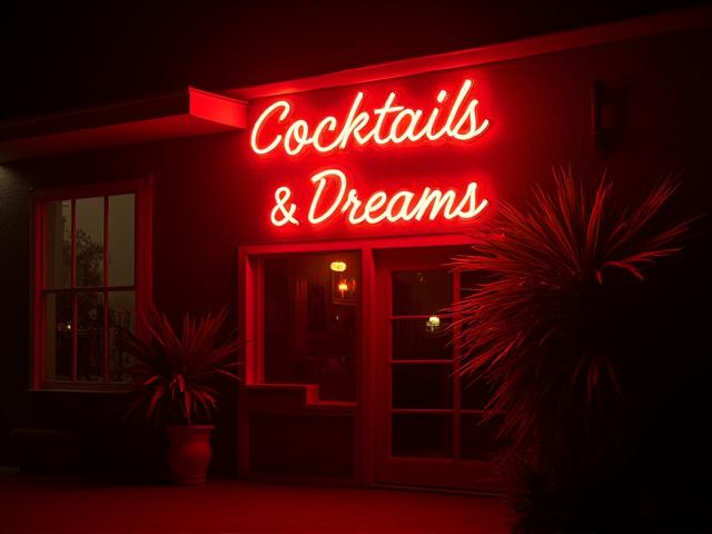 Retro-style LED neon sign 'Cocktails & Dreams' inviting guests into a bar.