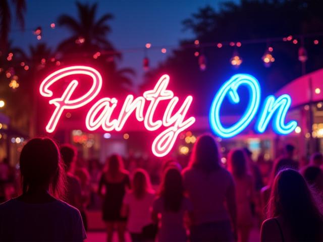 Large, colorful 'Party On' LED neon sign illuminating a festive event space.