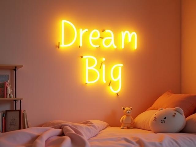 Playful 'Dream Big' LED neon sign in a child's bedroom, casting a warm glow.