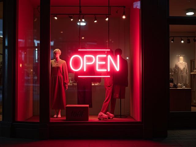 Bright 'Open' LED neon sign attracting customers in a boutique window.