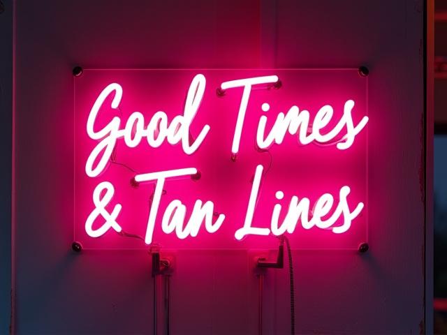A custom hand-bent neon sign reading 'Good Times & Tan Lines' in playful retro script, glowing pink and yellow.