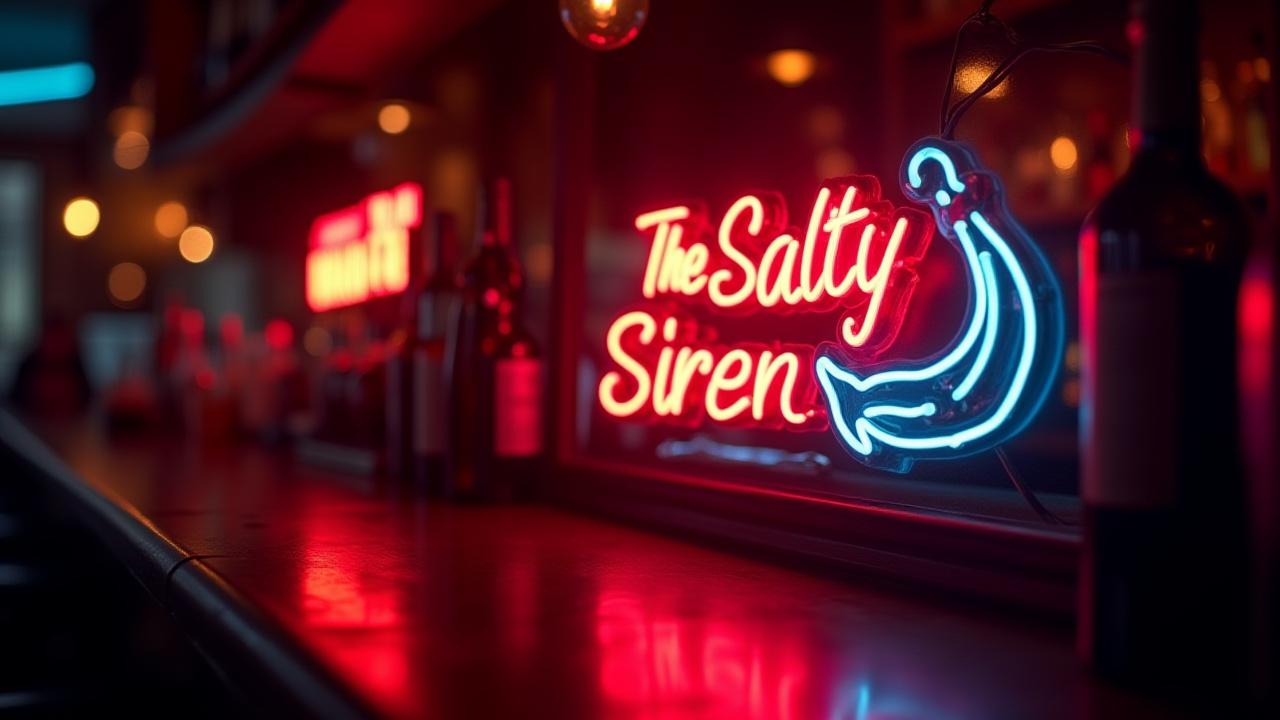 Atmospheric shot of a dimly lit bar interior, dominated by a vibrant custom retro neon sign that reads 'The Salty Siren', glowing with red and blue light.