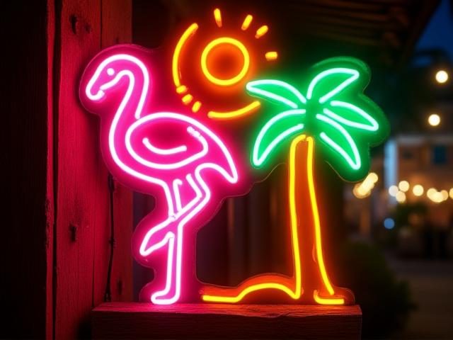 A vibrant retro neon sign of a pink flamingo standing next to a palm tree, with a warm yellow sun, evoking Key West vibes.